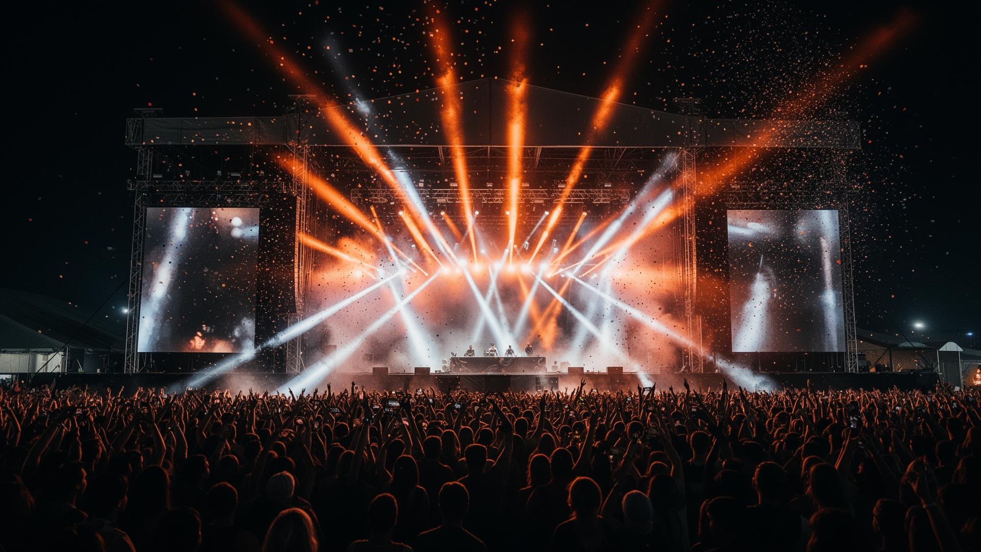 Festival crowd at night with stage lighting